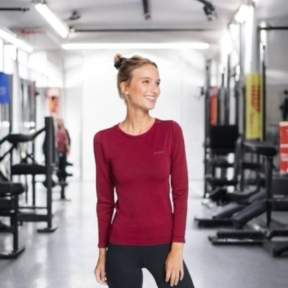 ROXY Burgundy DryFlight Nylon Seamless Long Sleeve Surf Rashguard Womens Sz M/L